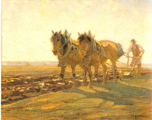 Zwei pflügende Braune bei Dachau, 1908, Friedrich Eckenfelder