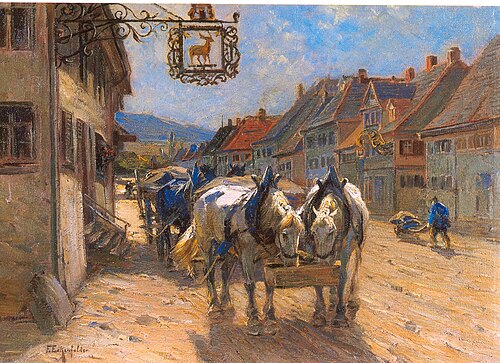 Zwei Gespanne vor dem "Hirsch", 1922, Friedrich Eckenfelder