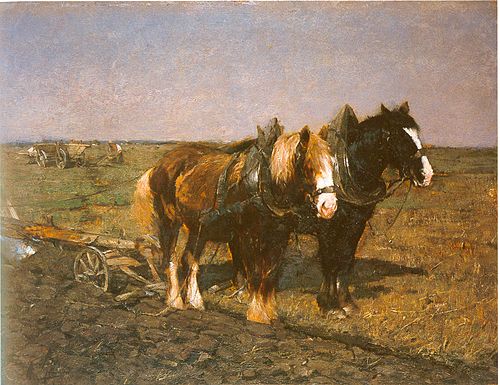 Zwei Pferde vor dem Pflug stehend, , Friedrich Eckenfelder