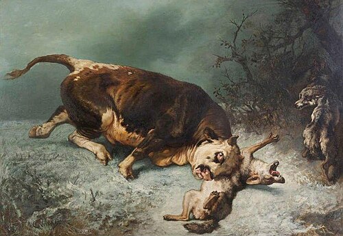 Bull attacked by wolves, 1850, Charles Verlat