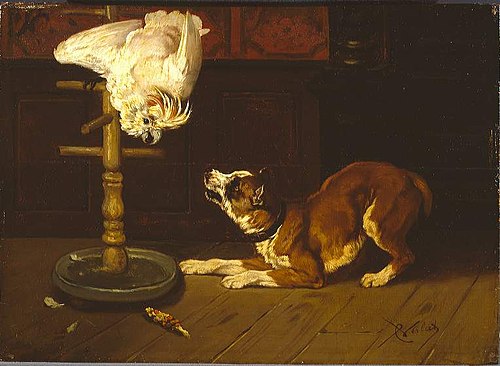 A dog barks at a cockatoo, 1850, Charles Verlat