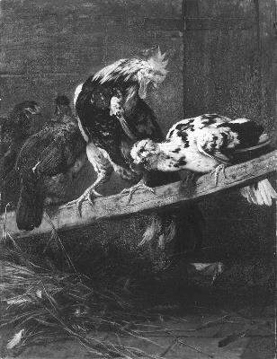 Een haan en enige kippen worden door een vos opgeschrikt, 1856, Charles Verlat