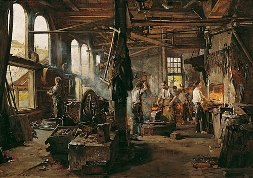 Interieur einer Hammerschmiede, 1883, Hugo Charlemont