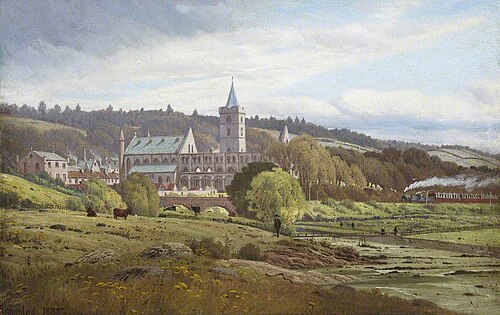 Dunblane Cathedral from the North West with a Steam Train, 1885, Robert Greenlees