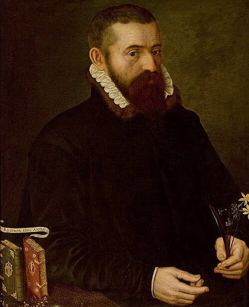 Portrait d'un homme avec narcisses et une jacinthe., 1550, Antonio Moro