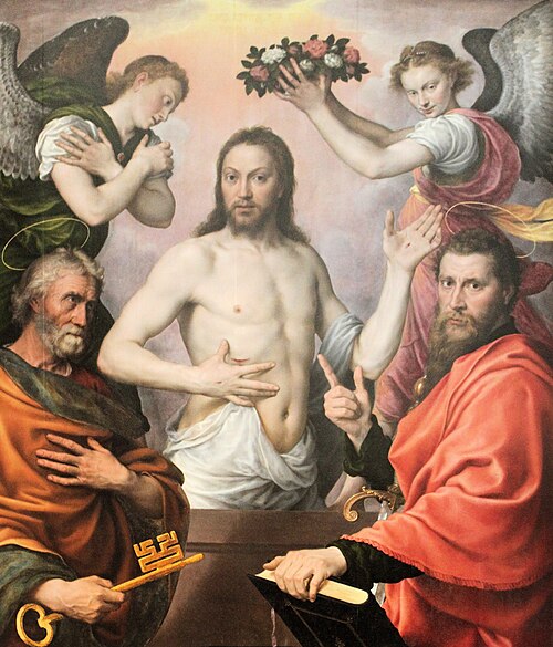 Jésus Christ ressuscité entouré de saint Pierre, saint Paul et deux anges, 1556, Antonio Moro