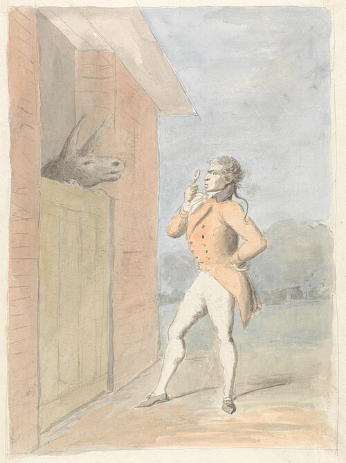 A Dandy Quizzing a Mule's Head seen over a Stable Door, 1797, George Dance le Jeune