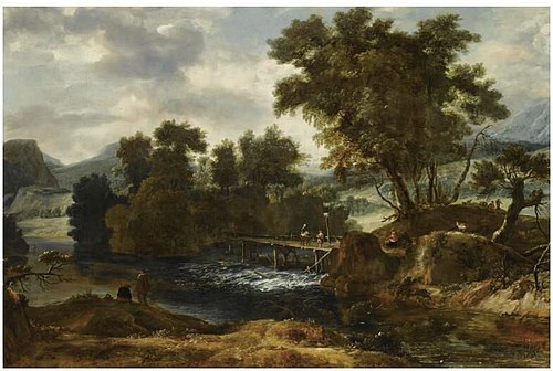 A river landscape with travellers crossing a wooden bridge and two fishermen on the nearside riverba, 1680, Roelant Roghman