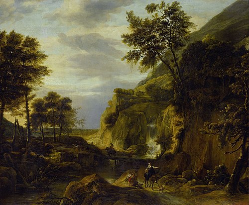 Mountainous landscape with waterfall, 1650, Roelant Roghman