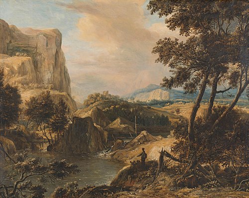 Mountainous landscape with fisherman, 1650, Roelant Roghman
