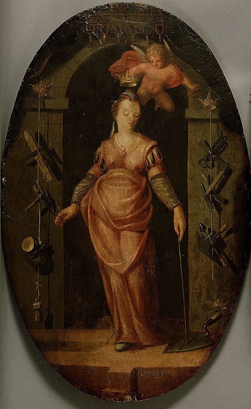De heilige Barbara, schutterspatrones van het Metselaarsgilde, 1600, Pieter Isaacsz