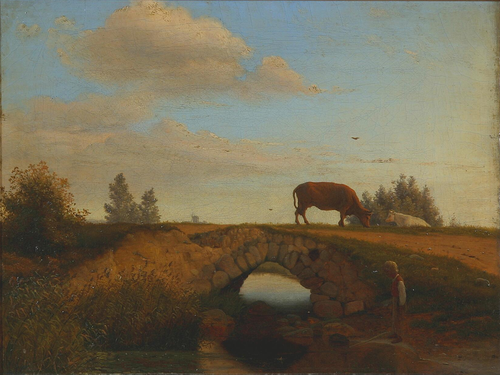 A boy standing at a river with cows in the background., 1870, Vilhelm Kyhn
