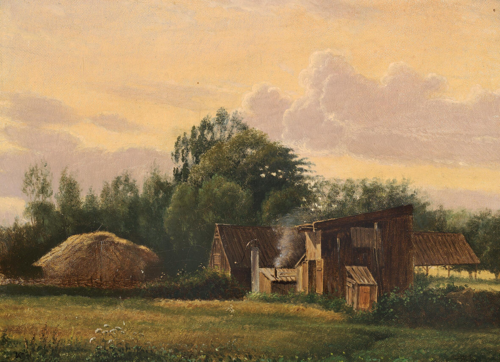 Evening landscape with sheds and trees., 1870, Vilhelm Kyhn