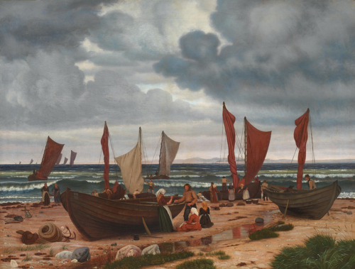 Fishermen of Hornbæk coming home from catching herring in unruly weather., 1856, Vilhelm Kyhn