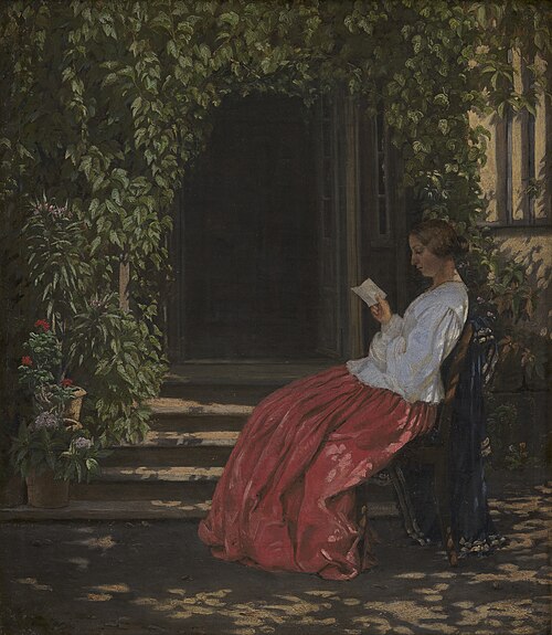Læsende dame uden for en havedør, 1868, Vilhelm Kyhn