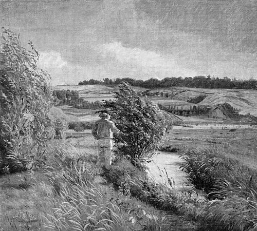 Landskab med en fiskende dreng ved en bæk, 1861, Vilhelm Kyhn