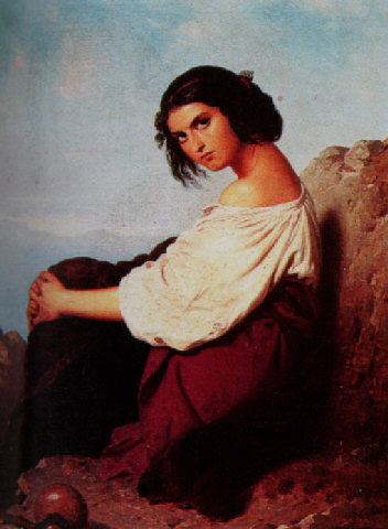 A portrait of a young peasant girl seated on a rock, 1842, Konstantin Cretius