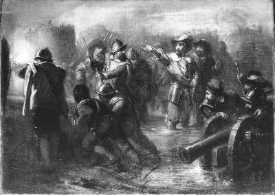 Anno 1644. Frederik Hendrik spreekt zijn door het water getroffen manschappen bij Sas van Gent moed , 1858, Antonie Frederik Zürcher