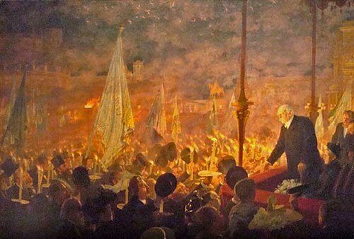 Dresden - Theaterplatz. Fürst Bismarck in Dresden am 18. Juni 1892. Huldigung der Bürgerschaft, 1895, Max Pietschmann