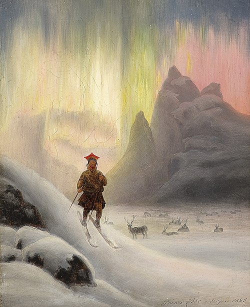 Sami à ski sous un aurore boréale, 1885, Frants Diderik Bøe