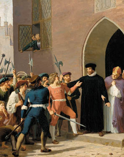Hans Tausen protects bishop Rønnow from Copenhagen’s agitated citizens, 1836, Adam August Müller