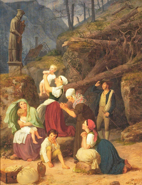 Bohemian farmers gathered at a statue of Saint John of Nepomuk after a devastating storm, praying fo, 1834, Adam August Müller