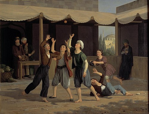 Aladdin griber imellem andre drenge efter de nedkastede pommeranser, 1831, Adam August Müller