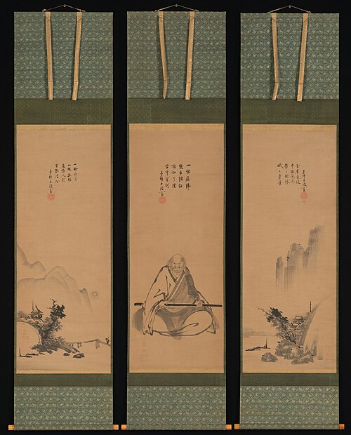 Zen Master with Meditation Staff, and Chinese-Style Landscapes, 1635, Unkoku Tōeki
