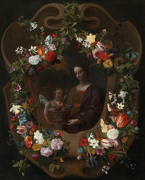 Mary Magdalen with an Angel in a cartouche, surrounded by a floral wreath, 1650, Jan Anthonie van der Baren