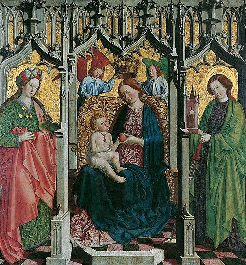 Mary and child enthroned with St. Barbara and St. Margaret, 1465, Maître d'Uttenheim