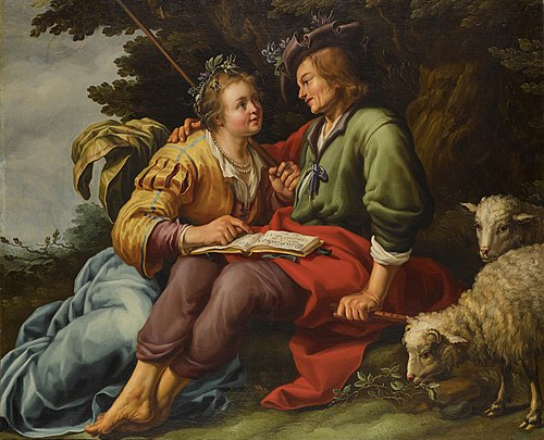 A Shepherd and Shepherdess with a Songbook in a Landscape, Their Flock Beside Them, , Aelbert Jansz. van der Schoor
