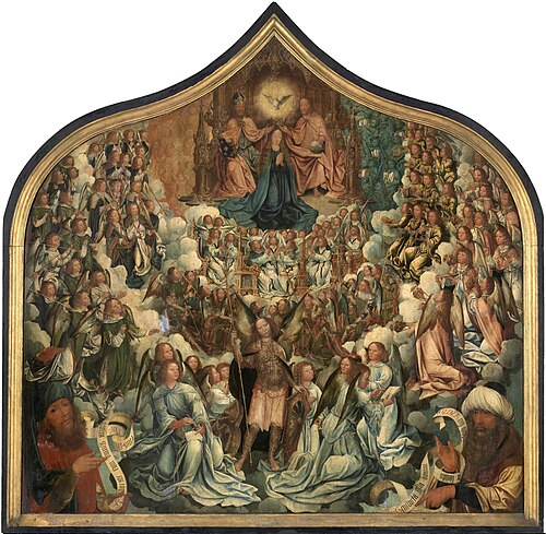 Panneau central d'un triptyque, découpé en liant en forme d'un arc en accolade. Le Couronnement de l, 1520, Albert Cornelis