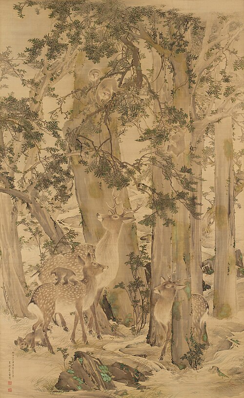 Old Oak, Monkeys, and Deer, 1880, Mori Kansai