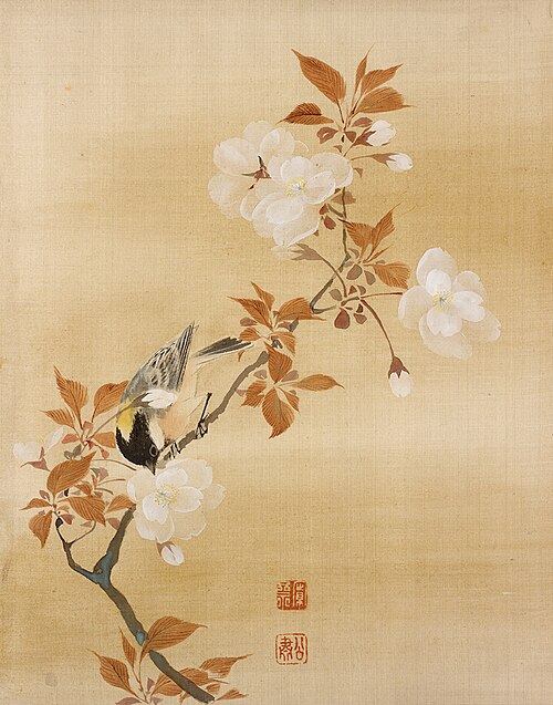 Nuthatcher on a Flowering Cherry Tree, 1873, Mori Kansai