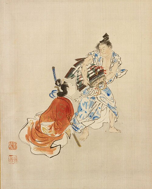 Warrior with Armor Turning to Face a Kneeling Woman Holding His Sword, 1873, Mori Kansai