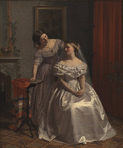 Bruden smykkes af sin veninde, 1859, Henrik Olrik