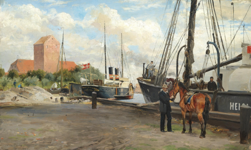 View from the port of Korsør with steamships., 1887, Otto Bache