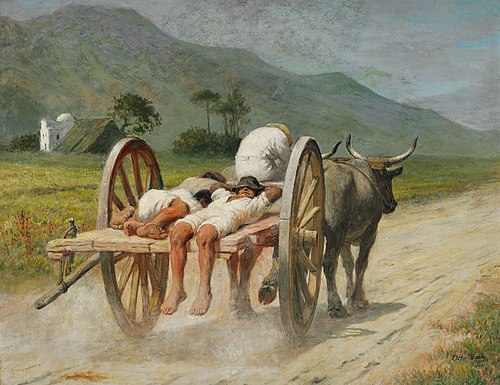 "Scirococo". Sleeping farm labourers on a cart in the midday heat, 1920, Otto Bache