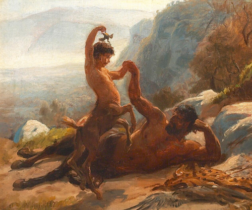 A centaur playing with his son., 1867, Otto Bache