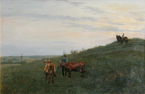 A farmer and some cows in a field., 1892, Otto Bache