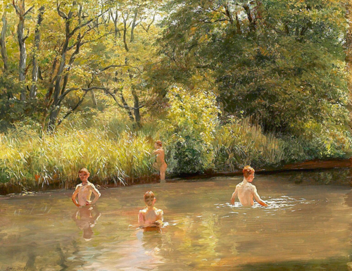 Boys bathing in a pond in the woods., 1892, Otto Bache