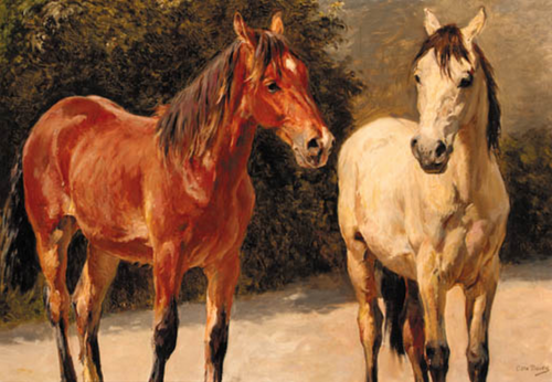 A grey and a chestnut pony in a landscape., 1896, Otto Bache