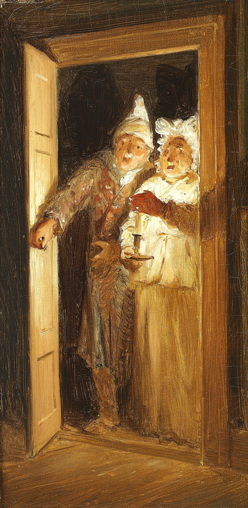 Johanne Louise Heiberg, Abekatten, with the actors Rosenkilde og Sødring in the doorway., 1872, Otto Bache