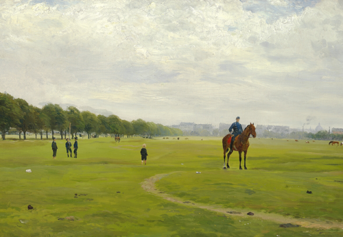 An overcast summer day with children playing and a rider in uniform on Fælleden (the Commons) in Cop, 1892, Otto Bache