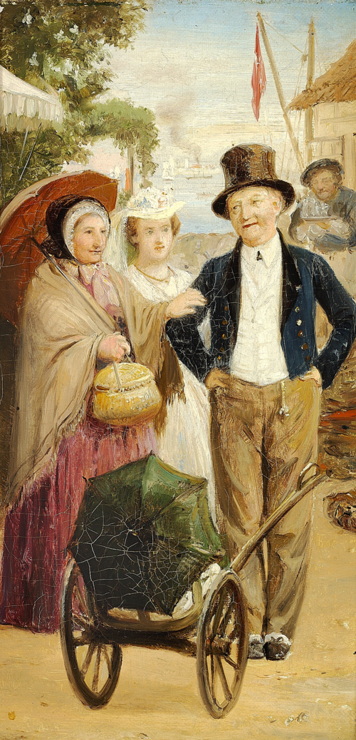 A scene from Henrik Hertz, De fattiges Dyrehave. The family on a picnic with a child in the pram., 1872, Otto Bache