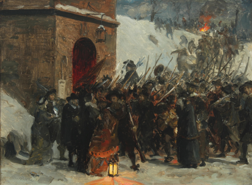 Historical scene with numerous soldiers at the Citadel of Copenhagen., 1892, Otto Bache