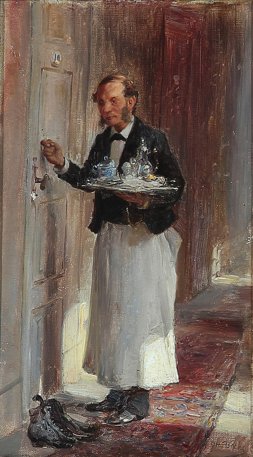 Waiter with a tray is knocking on the door., 1892, Otto Bache