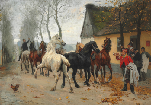 Coupled horses outside Lindenborg Inn., 1881, Otto Bache