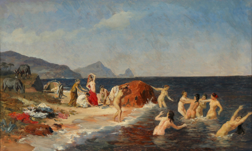 The princess of Lycia bathes with her maidens at the Sicilian coast., 1905, Otto Bache