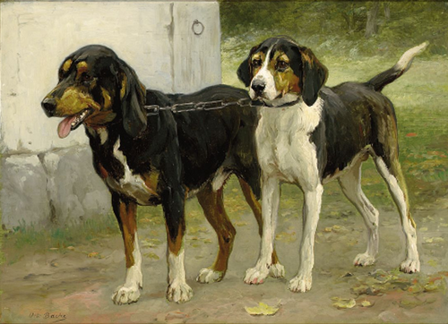 Two dogs in a farmyard., 1880, Otto Bache